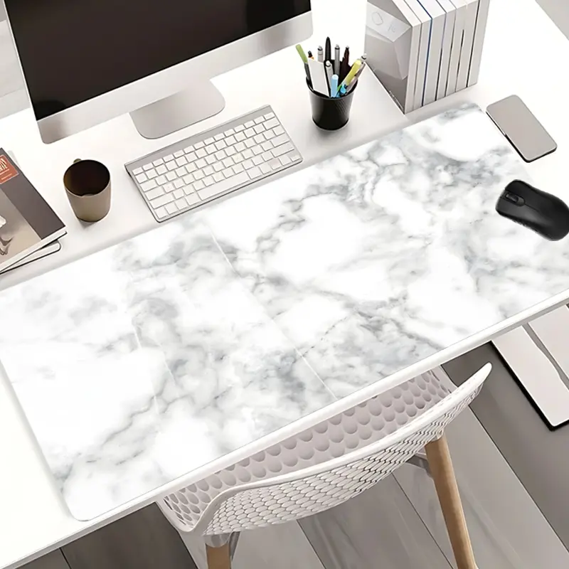 White Gray Marble Mouse Pads Extra Large Computer Desk Top Mat, Office Desktop Accessories, Work Accessories, Non - Slip Rubber Base & Stitched Edge, Classic Stone Aesthetic for Home and Office