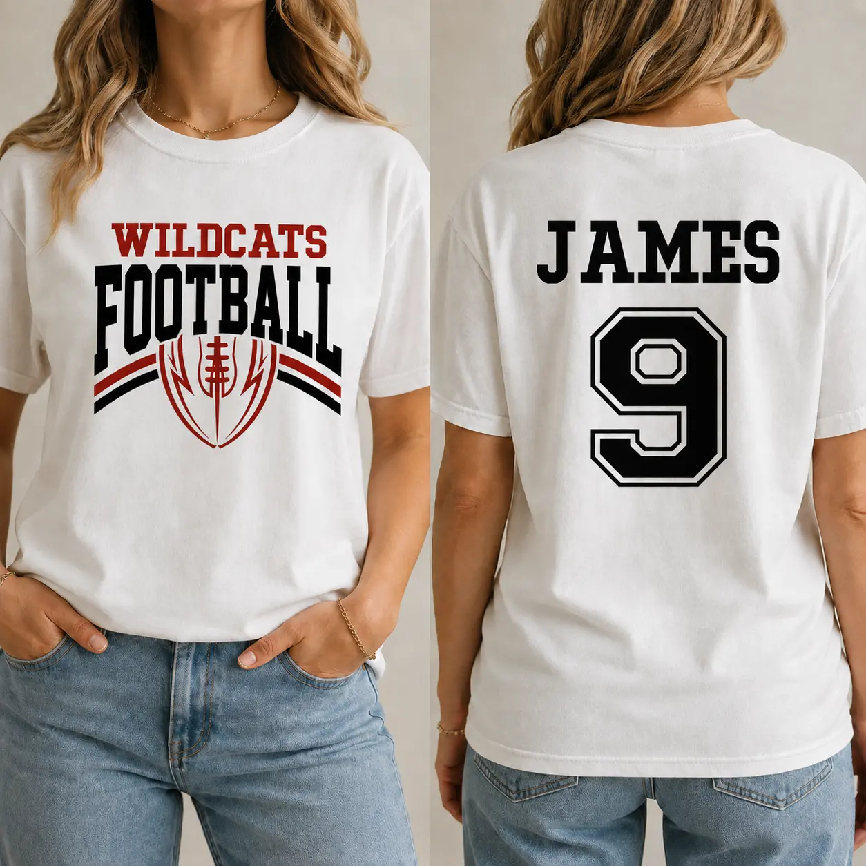 Wildcats Football Comfort 1717 T-Shirt, James 9 Front and Back Print, Vintage Game Day Tee, Football Fan Shirt, Team Spirit Gift