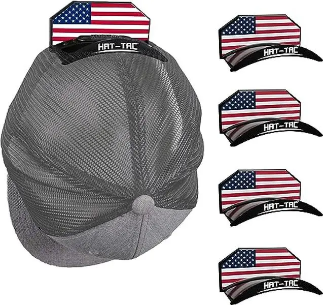 HAT-TAC - Wall Hat Rack Organizer (4-Pack) Made in USA Patented Baseball Cap Multi-Purpose Curved Shelf Hanger Adhesive No Drilling ( USA FLAG )