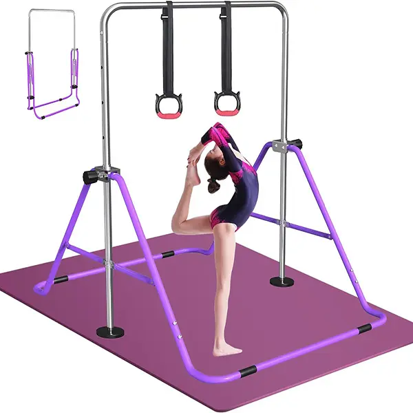 FBSPORT Kids Gymnastics Bar with Mat, Adjustable Height Horizontal Training Bar, Foldable Junior Gymnastic Bar for Home Use, Supports Up to 140 lbs