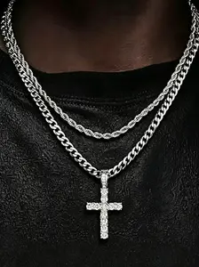 Double Layer Cross Necklace, Cuban Chain, Hip Hop Style Collarbone Necklace, High Quality Long Double Pendant Stainless Steel Chain, Men's Double Layer Necklace