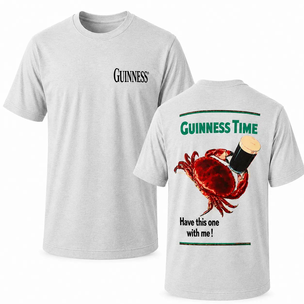 Guinness Time Have This One with Me! Crab & Stout Beer Graphic Front and Back Print T-Shirt, Funny Coastal Pub Shirt for Men and Women, Irish Beer Lover Vintage Graphic Tee, Casual Summer Streetwear Gift