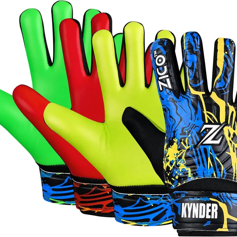 ZICO KYNDER Soccer Goalie Gloves for Kids & Youth Size 4 Blue Red Green Funky Design 3+3 Latex Palm Breathable Mesh Super Grip Football Gloves Ideal Gift
