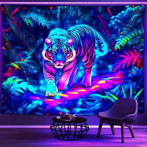 1pc Natural Wind Jungle Mighty Tiger Design Glow In UV Light Tapestry, Large Size Peach Skin Fluorescent Printing Tapestry, Bedroom Hanging For Party Festival, Home Decor, Wall Decoration With Free Accessories, Home Decor Supplies