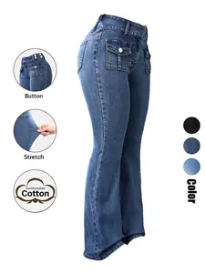 Women's Pocket Stretchy Jeans, Flared High-Waist Casual Chic Comfy Bell Bottom Denim Trousers for Daily Wear, Ladies Bottoms for All Seasons Button