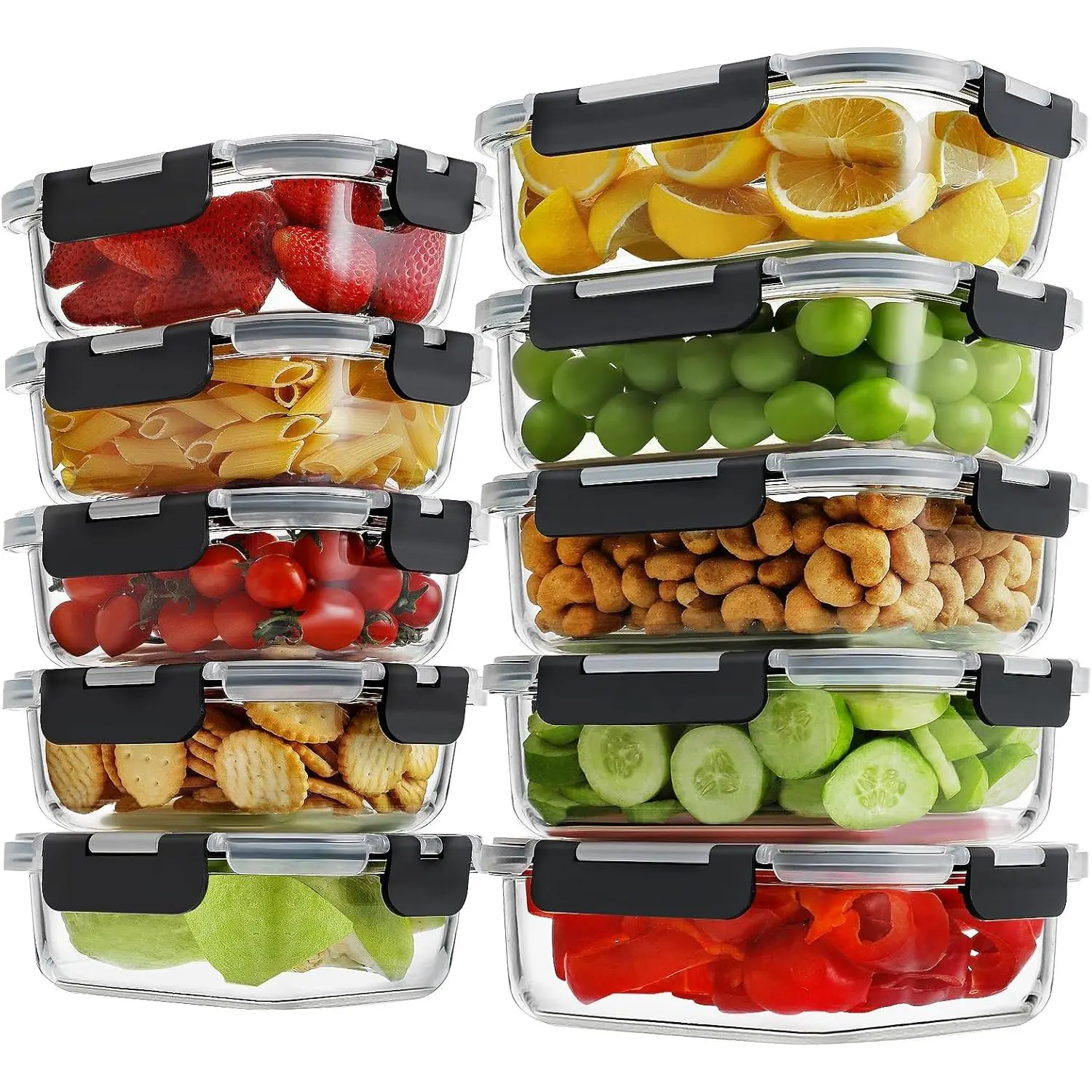 10-Pack Transparent Borosilicate Glass Meal Prep Container Set (20 Pieces Total), Rectangle Silicone-Locking Lids, Airtight BPA-Free Leak-Proof Plastic-Free Food Storage, 36oz & 14oz, Freezer-Oven-Dishwasher Safe for Work Lunches, Durable, Microwave-Safe,