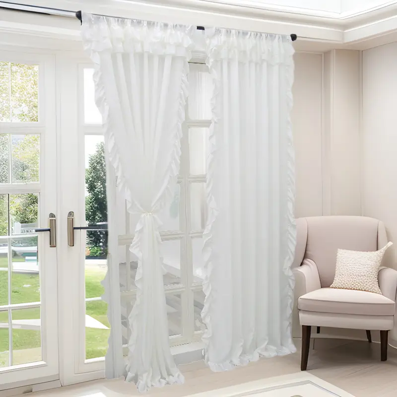 Tencel Velvet French White Sheer Light-Filtering Privacy Window Curtain Balcony Living Room Ruffled Bay Window Sheer Curtain Finished Product