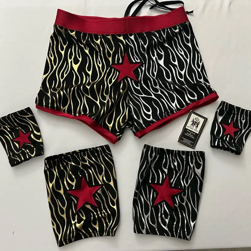 Men’s Pro wrestling gear set biker shorts, knee pad and wrist covers.