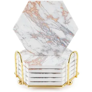 Marble Coasters, 6pcs Drink Coasters with Cork Base, Gold Ceramic Coasters Set for Drinks, Glasses, Cups, Bar, Coffee Bar Decor