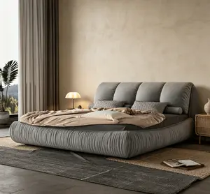 Luxury Upholstered Platform Bed with Oversized Padded Backrest Solid Wood Frame Adjustable Mattress Heights Modern Chic Design