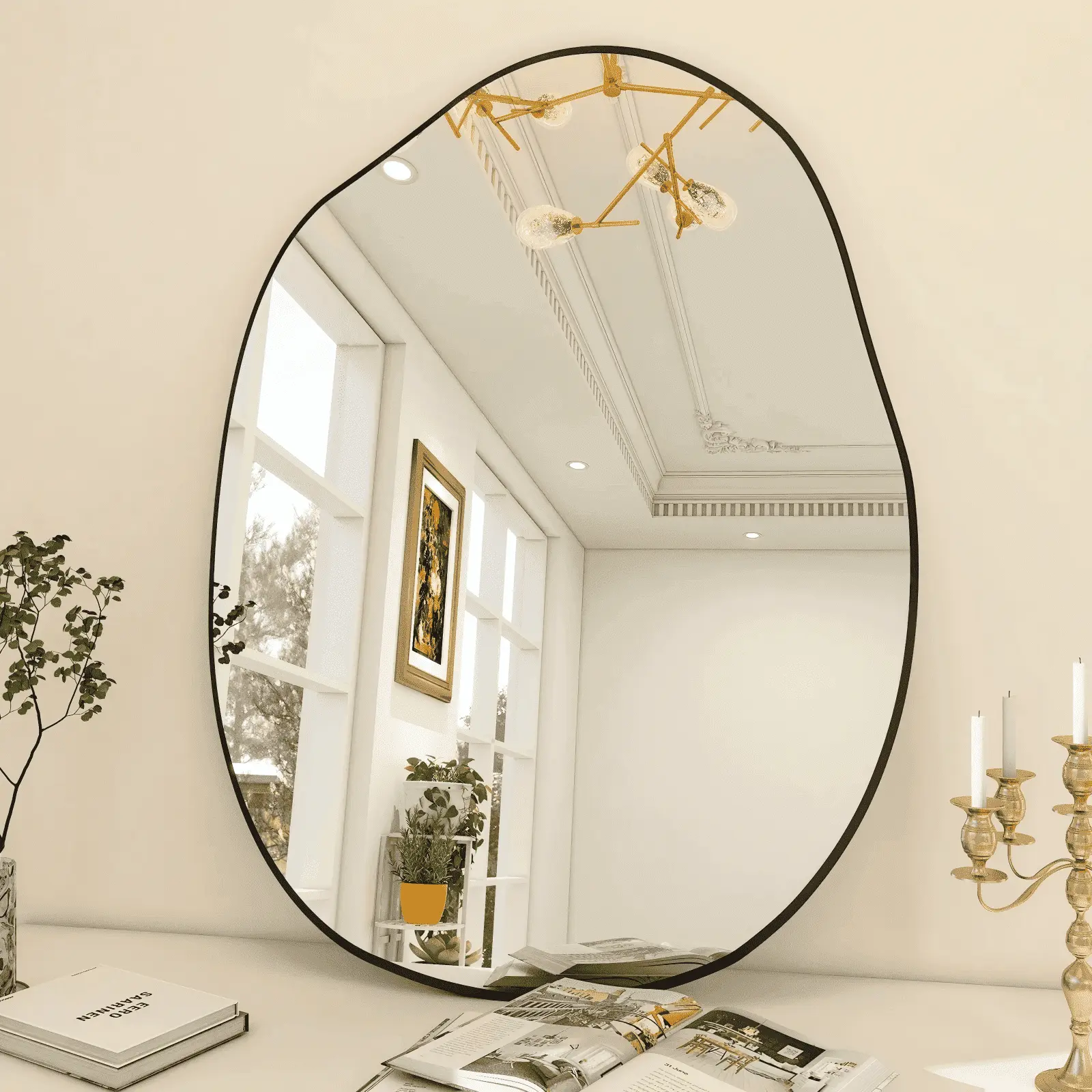 BEAUTYPEAK Black Wall-Mounted Vanity Mirror - Wavy Decor Mirror for Home and Bathroom
