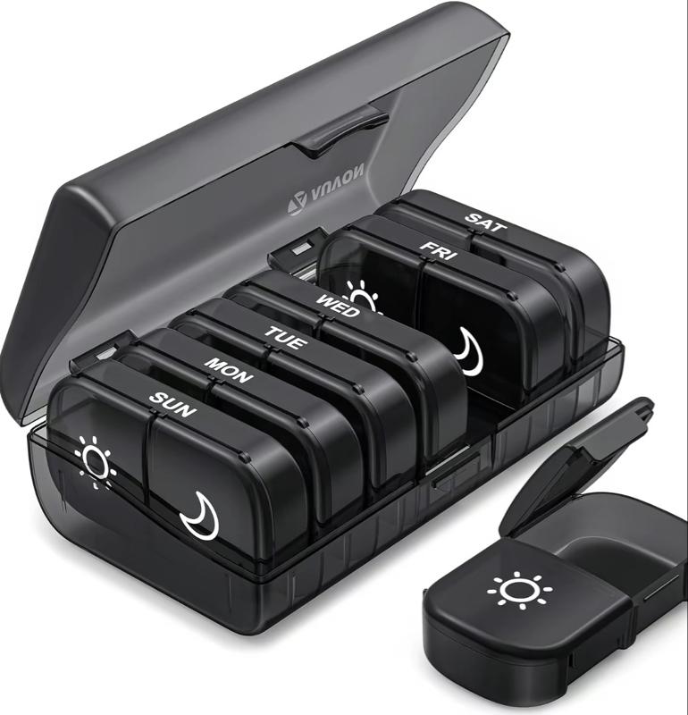 XL Weekly Pill Organizer - 2 Times a Day Pill Box with One-Side Large Openings Black Privacy Protection AM/PM Case for Healthcare and Aids