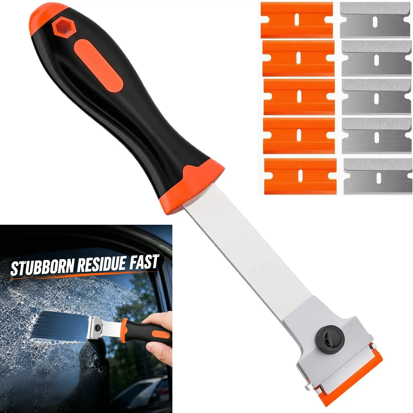 Long Handle Razor Scraper Tool with 5 Metal & 5 Plastic Blades, Heavy Duty Adhesive Remover Scraper for Home Use, Perfect to Clear Stickers, Labels, Tape Residue, Grease, Paint, Decals from Glass, Stove, Window, Windshield, Tile, Oven, Countertop