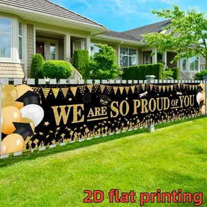 2D flat banner, 1 black gold graduation season banner We Are So Proud Of You Graduation party decoration background cloth European and American graduation ceremony courtyard layout Bachelor's hat balloon photo background wall Graduation Banner