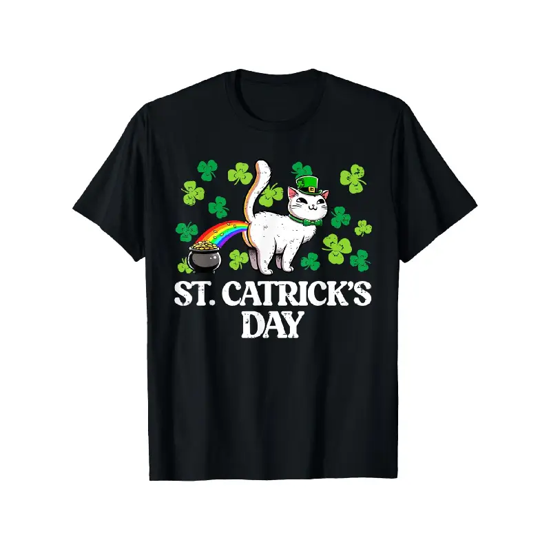 Unisex Loose Fit Graphic Short-Sleeve Round Neck Streetwear T-Shirt - Funny Cat & Irish Punctuation Saint Patrick's Day Top - St. Patty's, Graduation Gift (Shirt Only) Casual Tshirt