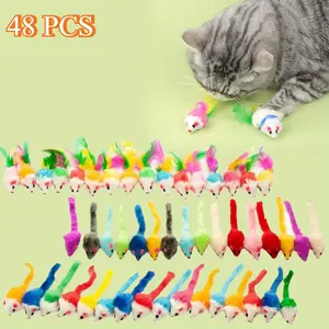48PCS Assorted Furry Mice Cat Toys - Colorful Interactive Plastic Rattle Mouse Toys with Fluffy Tails for Indoor Cats Kittens,Safe Durable Playtime for All Breeds,Mouse Cat Toy