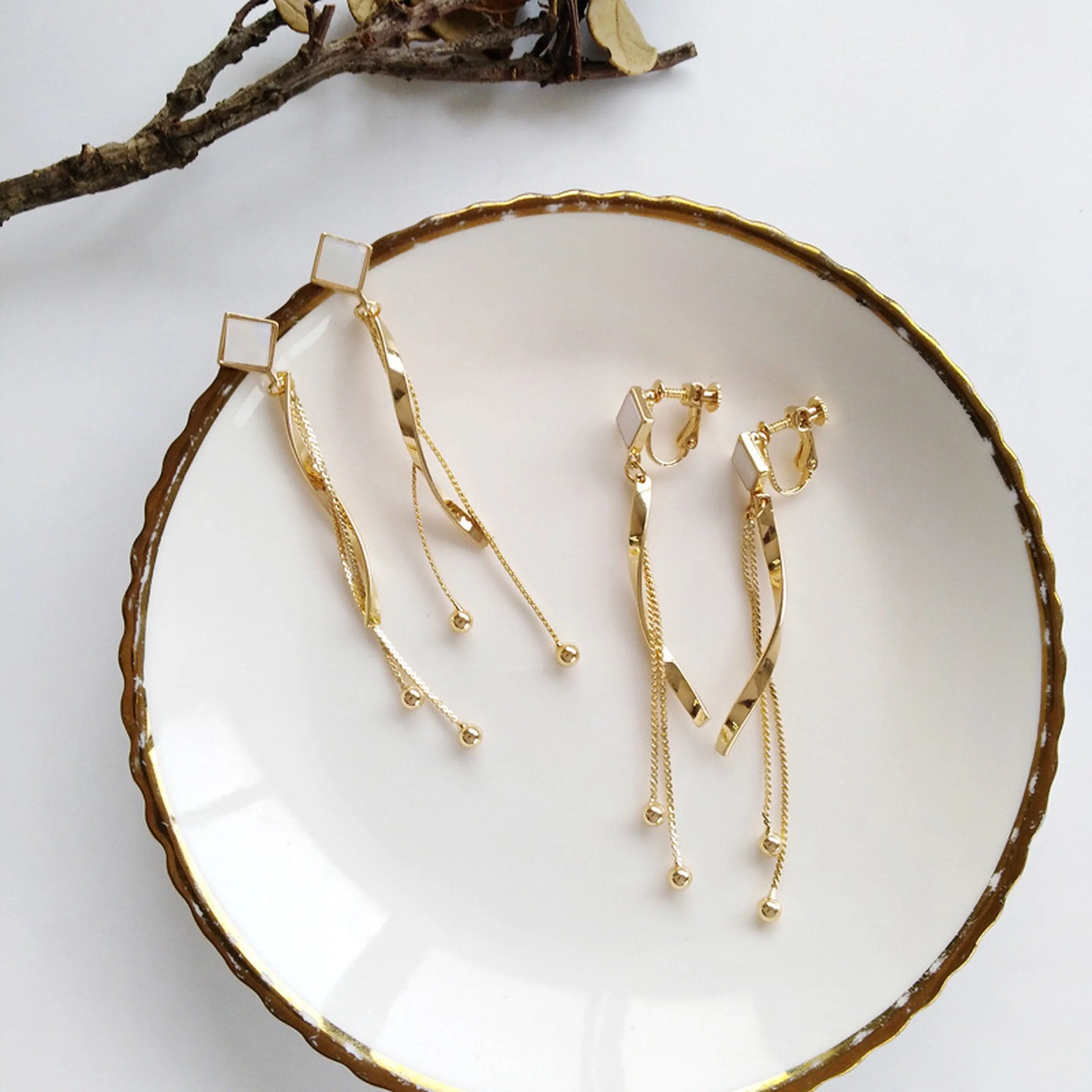 Spiral Dangle earrings, Geometrical Earrings, Gold Corkscrew Earrings, Long Fringed Drop, Wave Earrings, White Enamel Earrings, Minimalist