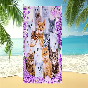 Purple Flower Cats Print Oversized Beach Towel, Soft Microfiber Bath Towel, Sand Free Large Beach Blanket for Summer Vacation, Family Travel Camping Cat Lover Accessory
