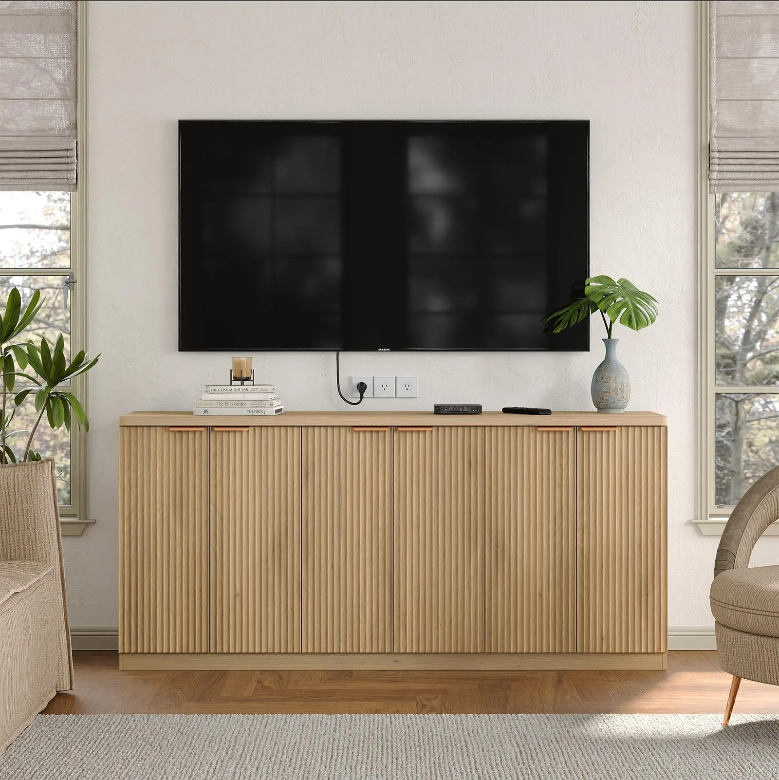 FUSOU Adjustable Storage Cabinet - Modern Fluted Buffet Sideboard with Doors & Shelves, Mid-Century Credenza Media Console Coffee Bar for Living Room, Kitchen (Shipped in 2 Packages)