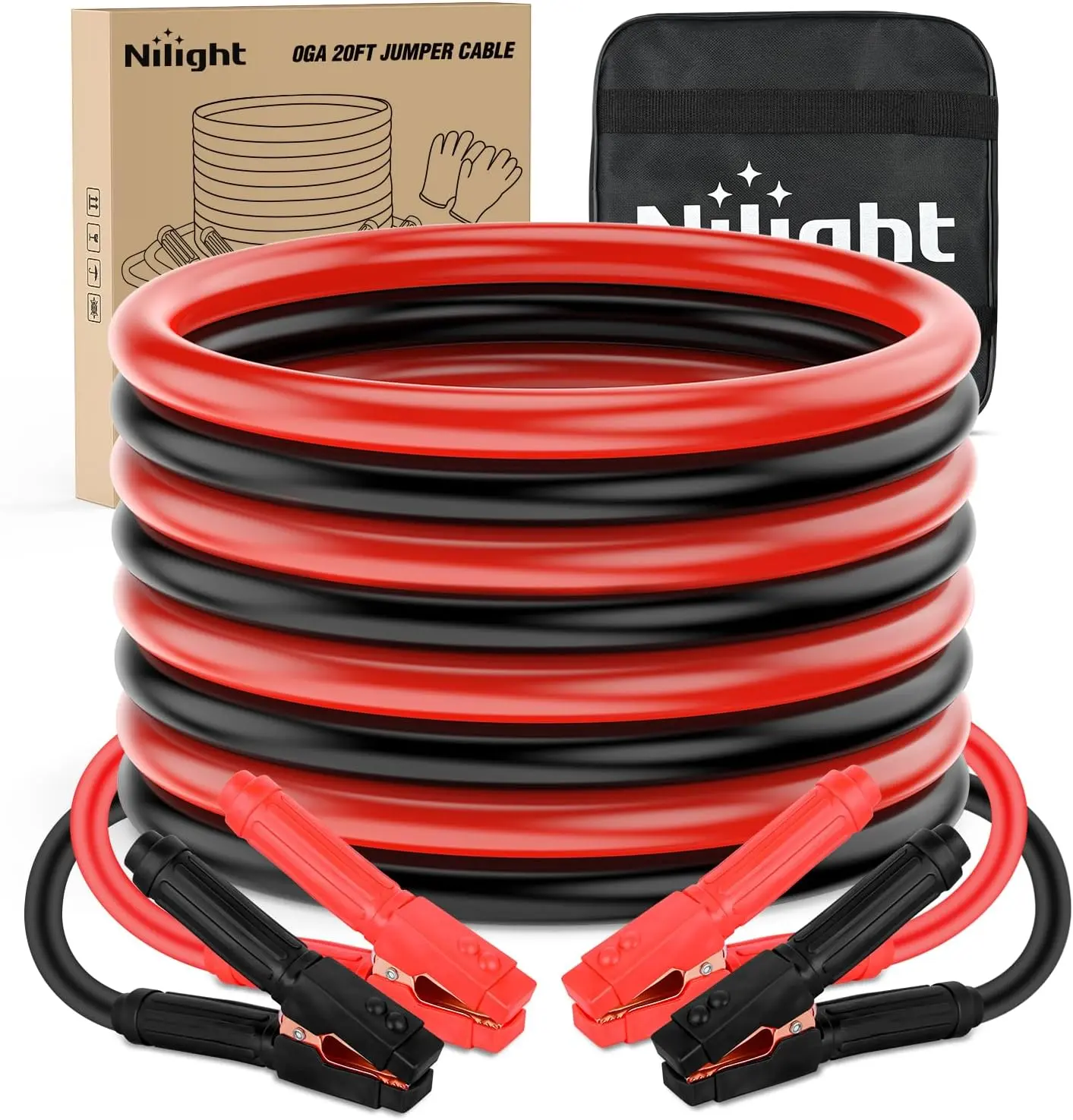 Nilight Heavy-Duty 0-Gauge Vehicle Jump Starting Cables, 20 FT PVC Automotive Battery Jumper Kit with Storage Bag, 1000 A CCA for Dead/Weak Batteries, Full-Size Cars, SUVs (Gloves Included)