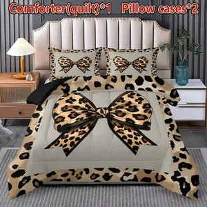 3-Piece Leopard Bow Print Bedding Set, Soft Comfortable Breathable, Includes 200g Filling + 2 Pillowcases, Bedroom Dorm Home Decor