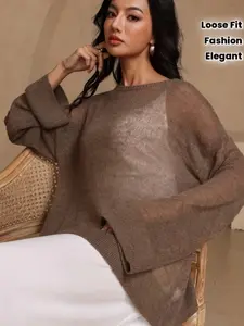 New Hollow Out Transparent Sheer Knit Sweater, Loose Long Sleeve Top, Casual Style, Chic, Pure Color, Summer Women's Thin Round Neck Tee Shirt