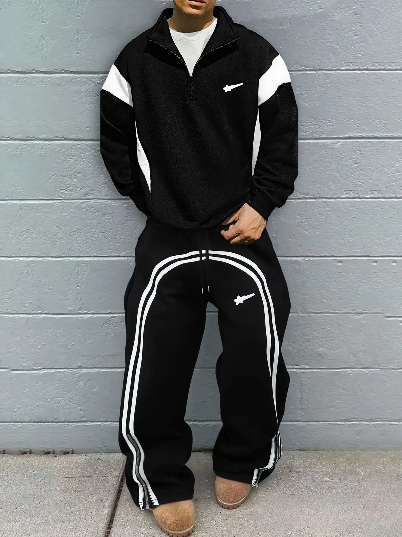 Men's Street Style Colorblock Sports Set, Half-Zip Stand Collar Top & Wide-Leg Striped Pants, Casual Cool Two-Piece Streetwear Tracksuit Set Athleisure Style Casual Athletic Jogging Casual Sportswear Set