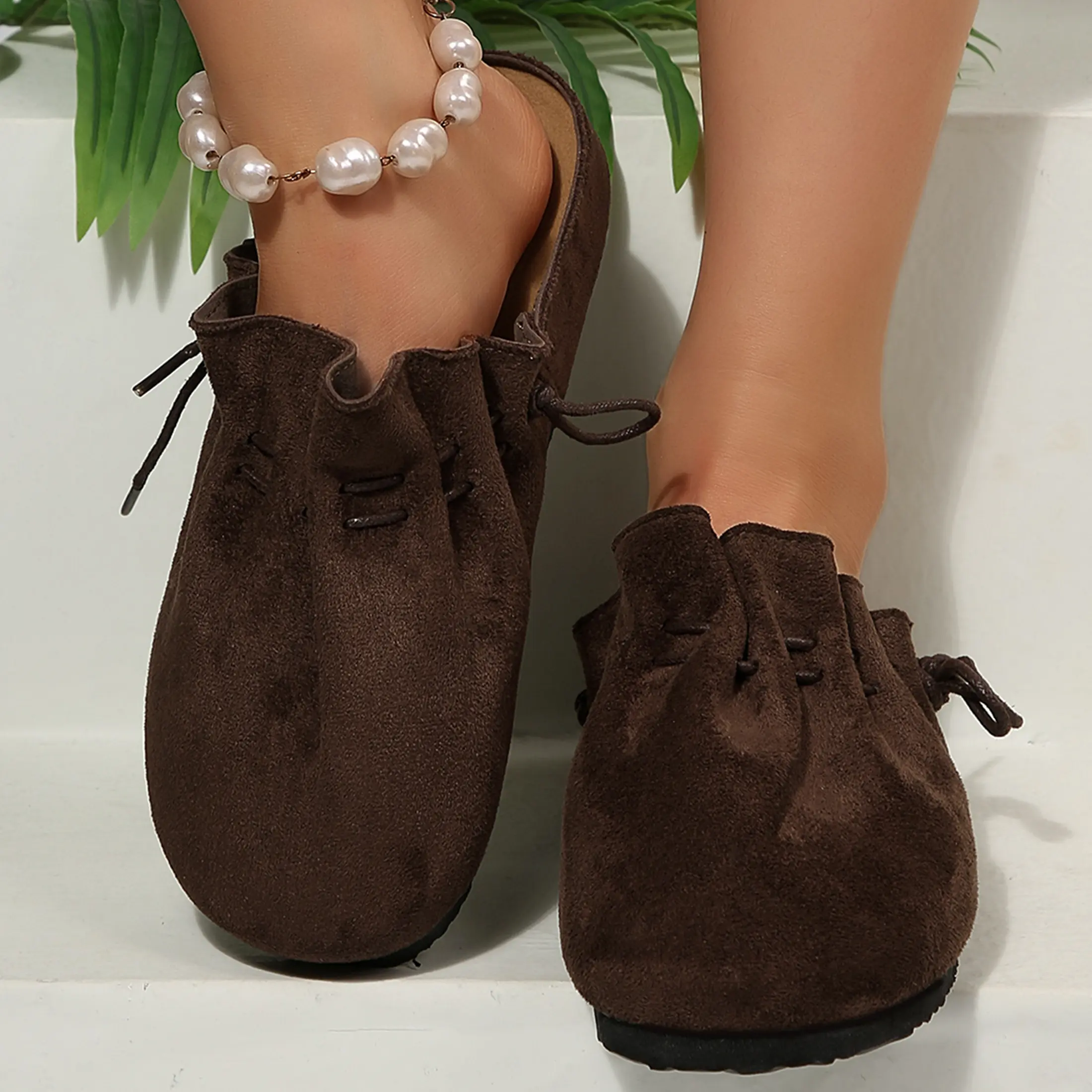 Elegant Suede Mule Loafers for Women Tie Detail Design Comfort Flat Indoor Outdoor Shoes for Work & Leisure