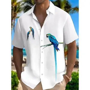 Men'S Button-Up Shirt Summer Hawaiian Parrot Pattern Short Sleeve Shirt