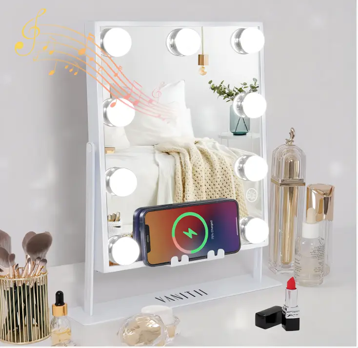 50%OFF VANITII LED Vanity Mirror, Hollywood Lighted Makeup Mirror with Touchscreen, with Lights Bluetooth Speaker Wireless Charger Light Up Makeup Mirror with 9 Bulbs for Tabletop Detachable 10X Magnifying, White, Suitable for Both Men and Women