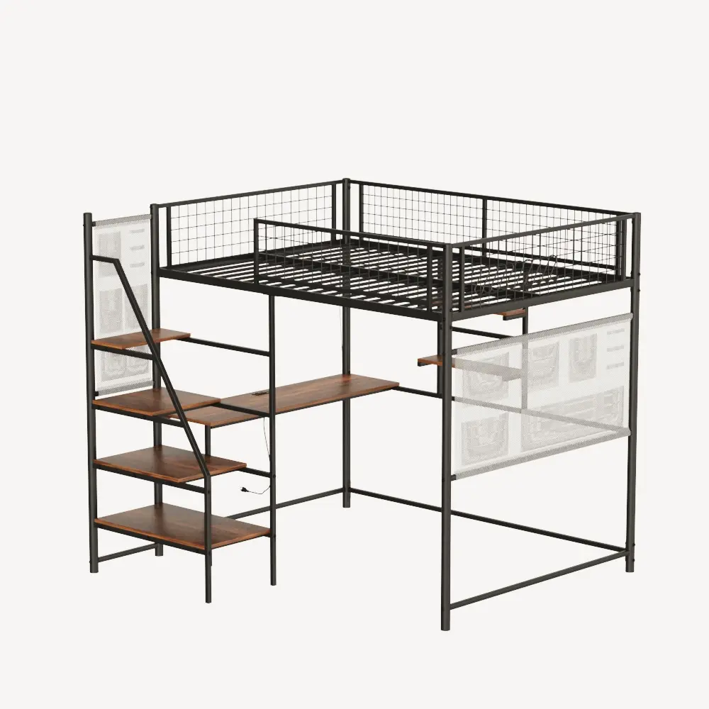 DONEXT Full/Twin Size Loft Bed with Stairs - Heavy-Duty Metal Frame, Built-in LED Lights, USB Charging Station, Convertible Space-Saving Design, Desk & Storage, Industrial Style Beds - Studio Apartment Furniture