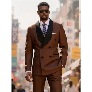 Men's Suit Shawl Lapel Double Breasted Jacket 2-Piece Tuxedo Set | Paisley Jacquard Blazer & Pant | Wedding, Prom, Formal Wear Black Breathable