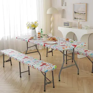 Picnic Tablecovers with Bench Covers, Elastic Fitted Tablecloth for 6 Foot Tables, Flower pattern Polyester Tablecloths for Camping, Indoor & Outdoor (30x72 Inch 3-pc Set)