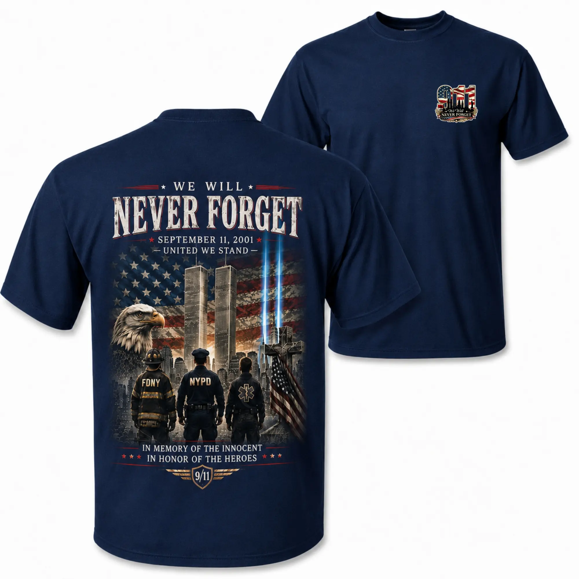 [MADE IN US] Men's Classic Seamless Short-Sleeve Basic Casual 9/11 Memorial T-Shirt - Twin Towers, American Flag, Eagle, First Responder Graphic Gift for Patriots