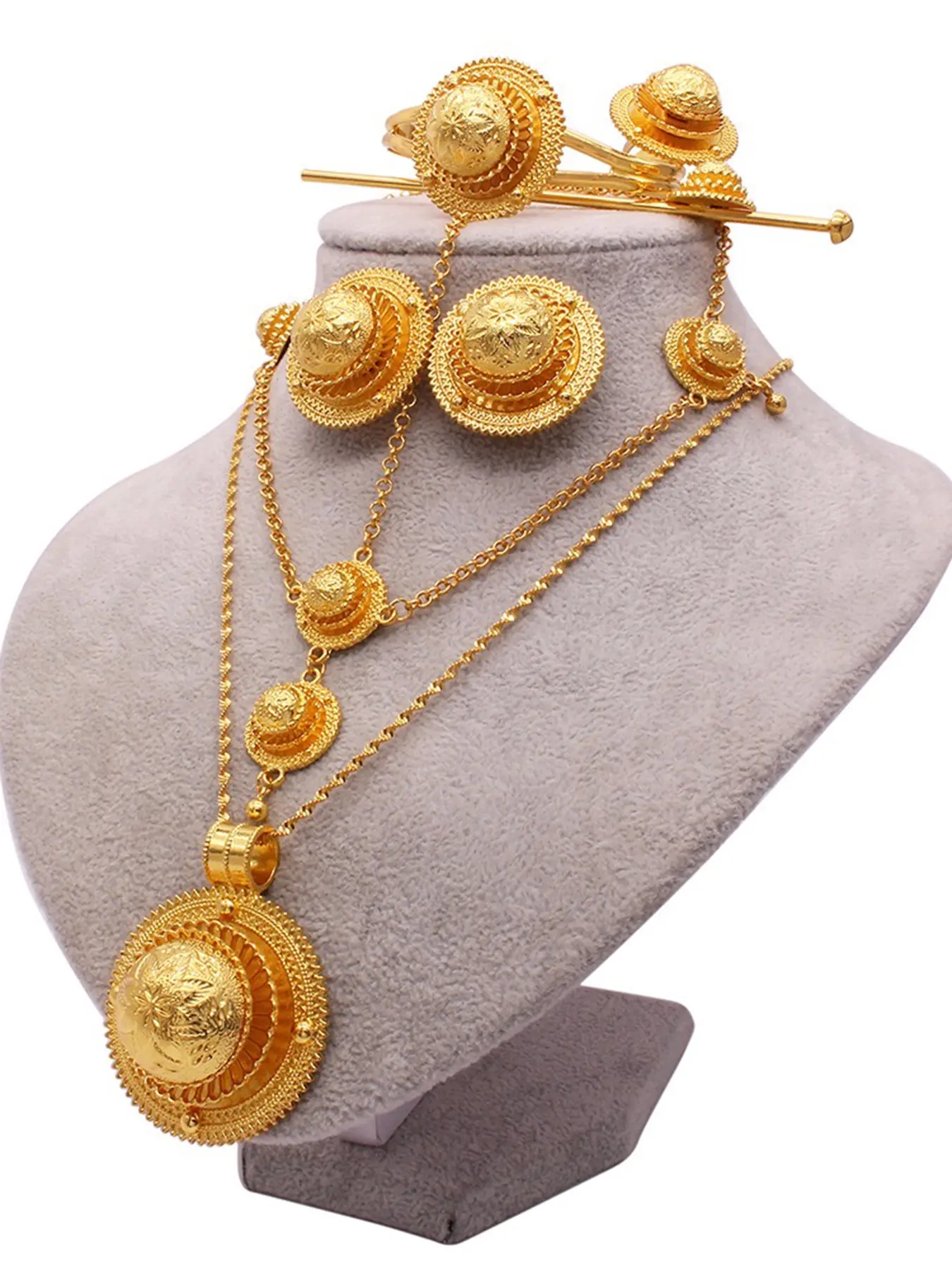 Golden Plated Ethnic Costume Jewelry Set for Women – 6PCS Bridal Jewelry Set, Weddings Sets with Hair Accessories, Earrings, Necklace, Bangle, Ring, Hairpin – Vintage Carved Floral Design, Perfect for Wedding, Party, Festival, Daily Wear