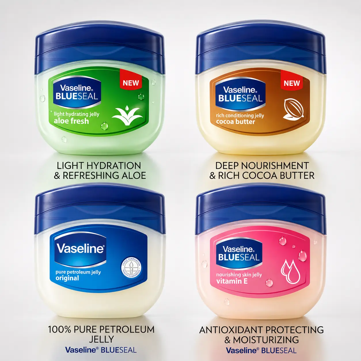 Vaseline Petroleum Jelly 4-Pack Gift Set (1.7oz) - Hydrating & Nourishing Variety with Cocoa Butter, Aloe & Vitamin E to Restore & Smooth Skin, Moisturizing Lip Balm, Daily, Lip Softening Balms, Body Care Products, Fresh