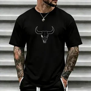 Plus-size Men's Western Graphic T-Shirt with Vintage Skull Design - Oversized Cowboy Style Tee for Overweight Men. Comfortable, Stretchy Unisex Vintage Graphic T-Shirt for Casual Streetwear and Everyday Wear
