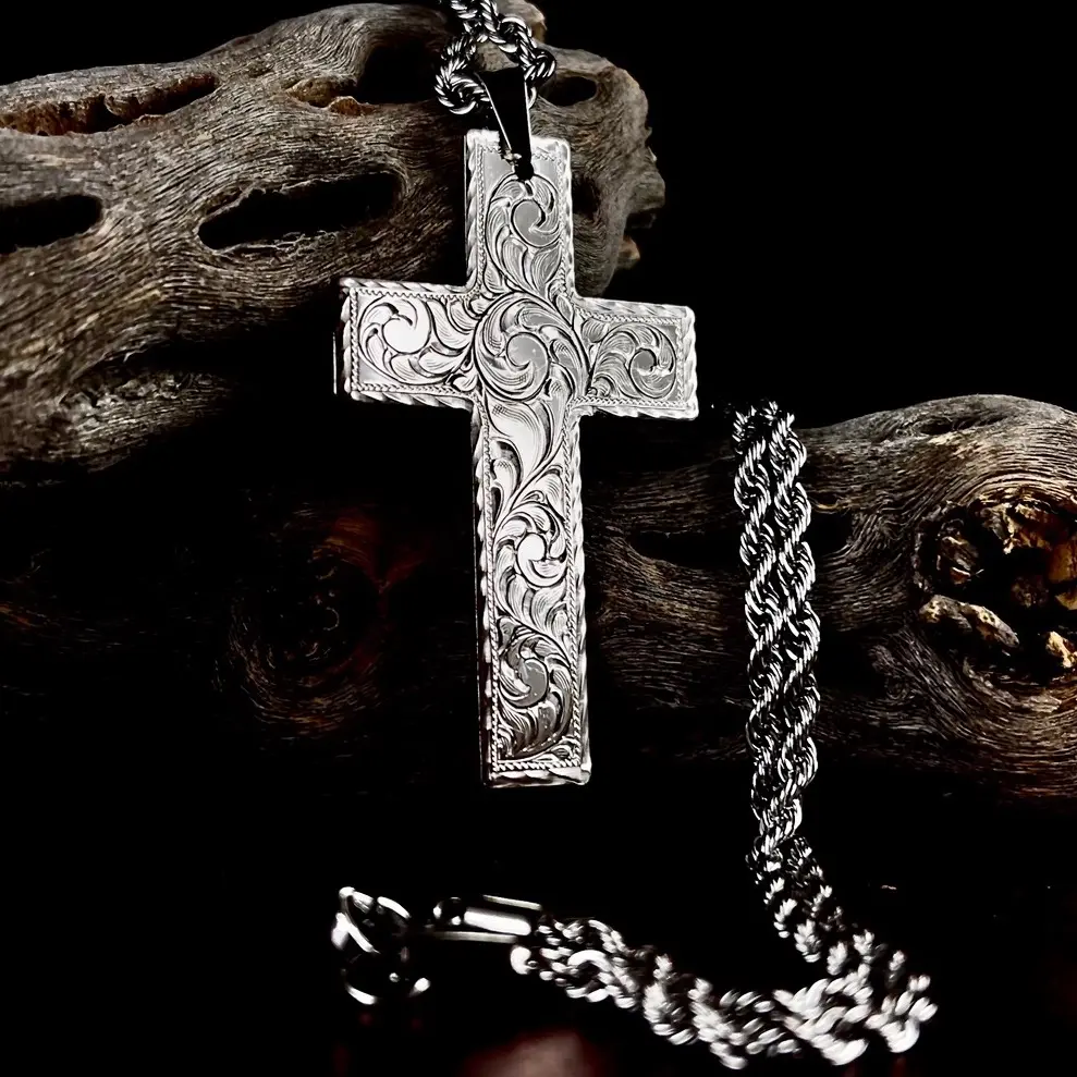 Handcrafted Cross Pendant Hand Engraved with 24 Inch Stainless Steel Chain for Men Women Jewelry 2x1.3 Inches
