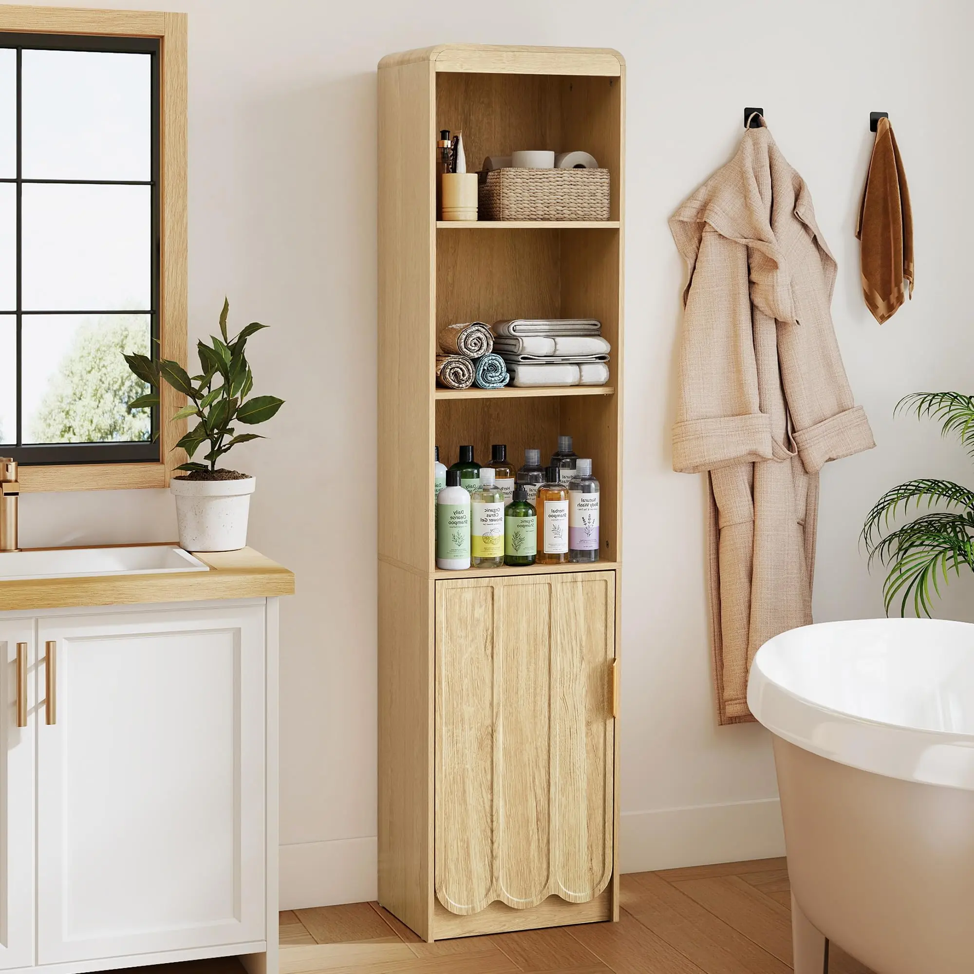 Giratree 66.92" Narrow Tall Bathroom Storage Cabinet, Freestanding Storage Cabinet with Open Storage Compartments and Adjustable Shelf for Small Space, Bathroom, Living Room, Kitchen
