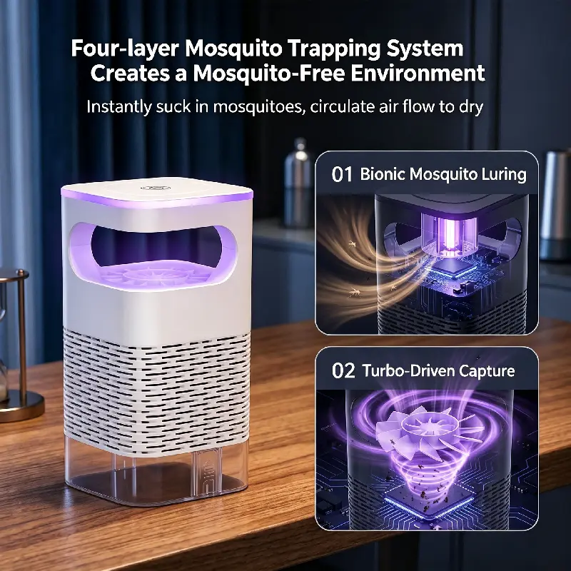 The latest 2026 indoor flying insect trap features a UV lamp and small sticky traps for mosquitoes and other flying insects. It is plug-in and suitable for use in homes, kitchens, outdoors, bedrooms, and offices.