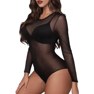 Long Sleeve Mesh Bodysuit for Women, Sheer Mesh Top Round Neck See Through Leotard Jumpsuit Snap Crotch Clubwear