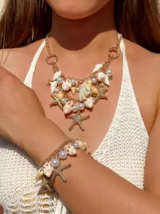 2pc/set Boho Style Starfish Necklace and Bracelet Set, Faux Shell Pearl Bead Jewelry for Women, Summer Beach Fashion Accessories,Suitable For Daily Wear And Vacation