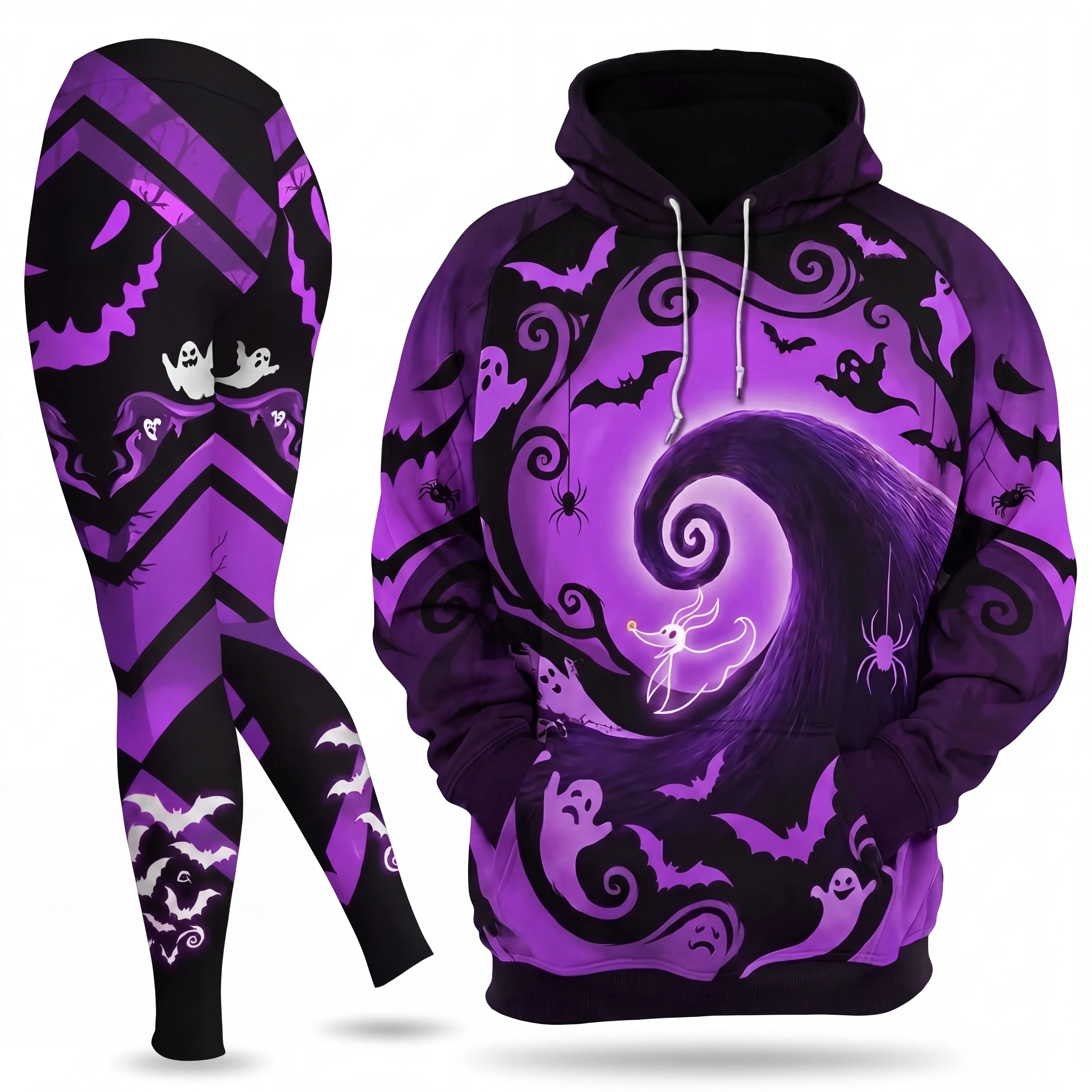Spooky Purple Puppy Ghost Hill Hoodie And Leggings Set, Gothic Halloween Tracksuit, Aesthetic Autumn Graphic Outfit