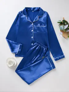 Women's Satin Sleepwear Set, Pajama Set, Blue Trim Silk Fabric, Elegant Long Sleeve Top & Pants, Comfortable Loose Fit, All Seasons