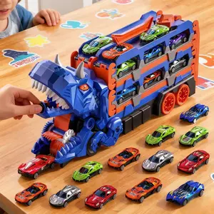 Cognitive Development Gifts for Kids Foldable Transformable Dinosaur Truck with 12 Die-cast Cars, Slide Forward Best Gift for Birthday/Christmas, High Quality Design Party Party Holiday Gift