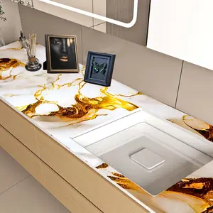 1 Piece Self-Adhesive PET Gold Foil Marble Pattern Thickened Oil-Proof & Waterproof Kitchen Sticker & Marble Backsplash Wallpaper, 40cm*300cm (15.75in*118.11in), Kitchen Counter