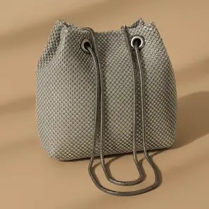 Natalie Mills Elegant Roxie Silver Rhinestone Handbag with Sliding Draw-String Chain, and Inner Zipper Pocket