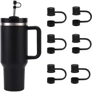 6PCS Silicone Straw Covers Cap Compatible with Stanley Cup 30-40 oz Tumbler with Handle 10mm Straw Toppers，Dust-Proof Reusable Straw Cover for Stanley Cup Accessories (Black)