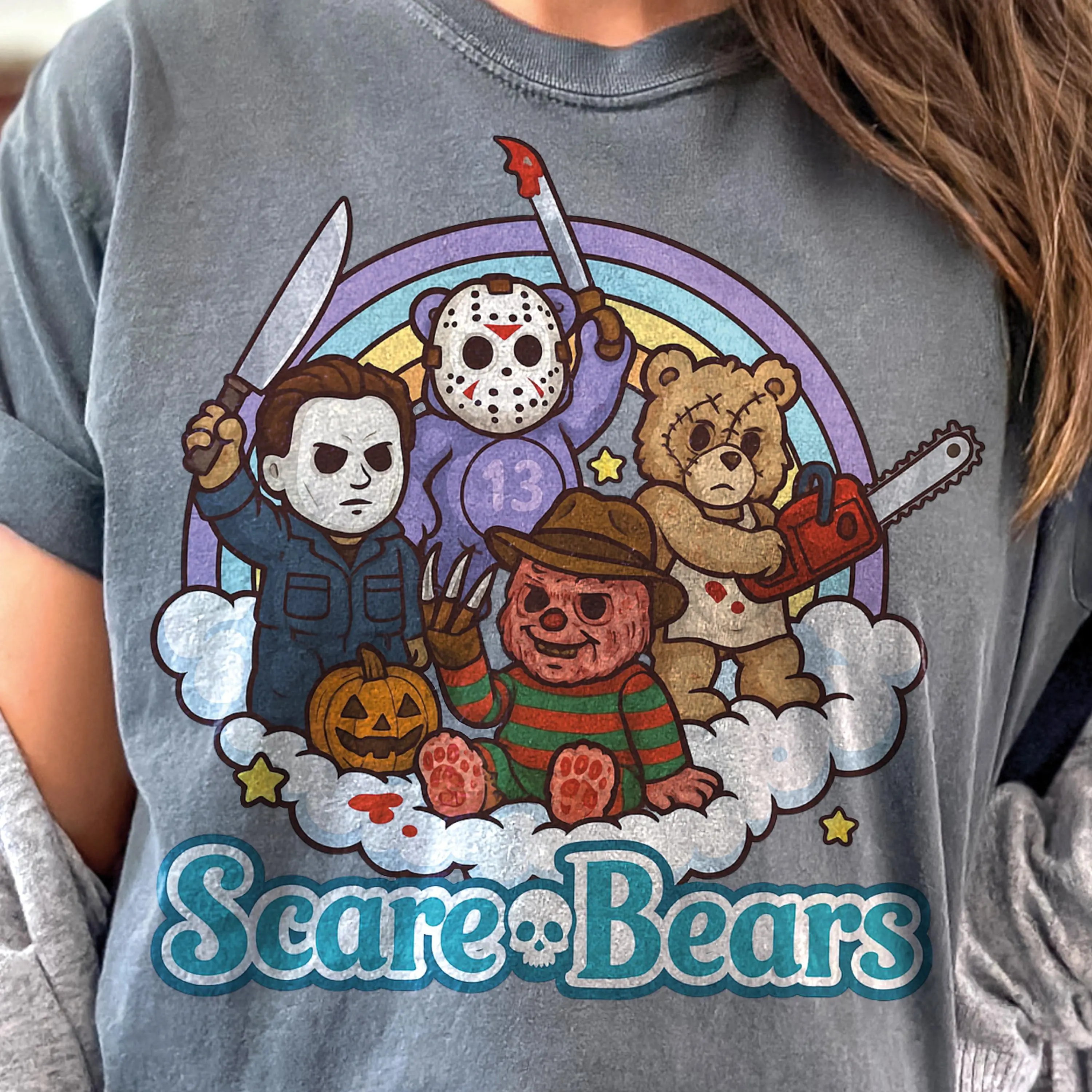Comfort Color Scary Care Bears Halloween T-Shirt Women Funny Horror Faces Vintage Graphic Tee Scare Bears Horror Movie Characters Halloween Shirt