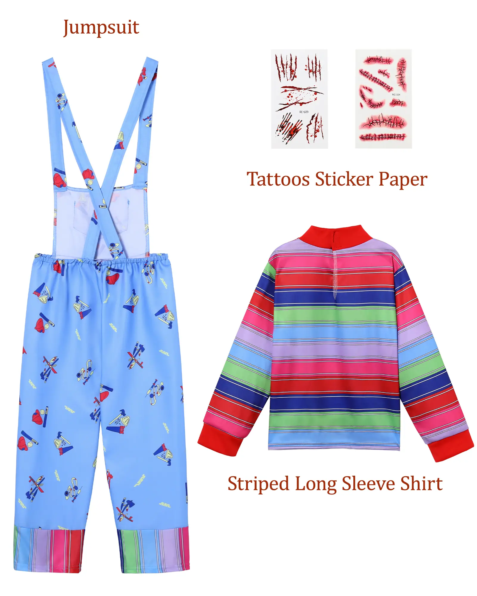 Kids' Chucky Cosplay Costume Set - Striped Long-Sleeve Shirt, Blue Overalls, Tattoo Stickers - Horror Doll Outfit for Halloween Party Role-Playing